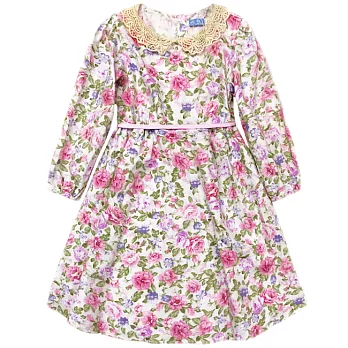 Cutie Bella簍空蕾絲領 長袖縮口 綁帶印花洋裝-白底粉紫花100白底粉紫花