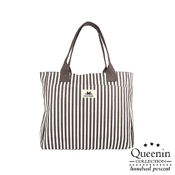 DF Queenin流行 - 直條紋手提肩背帆布托特包-共2色咖啡