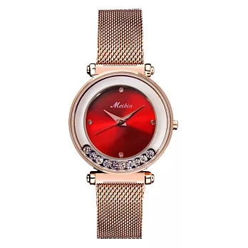 MEIBIN M1230M 低調奢華璀璨滑鑽針織鐵帶錶 - 紅色