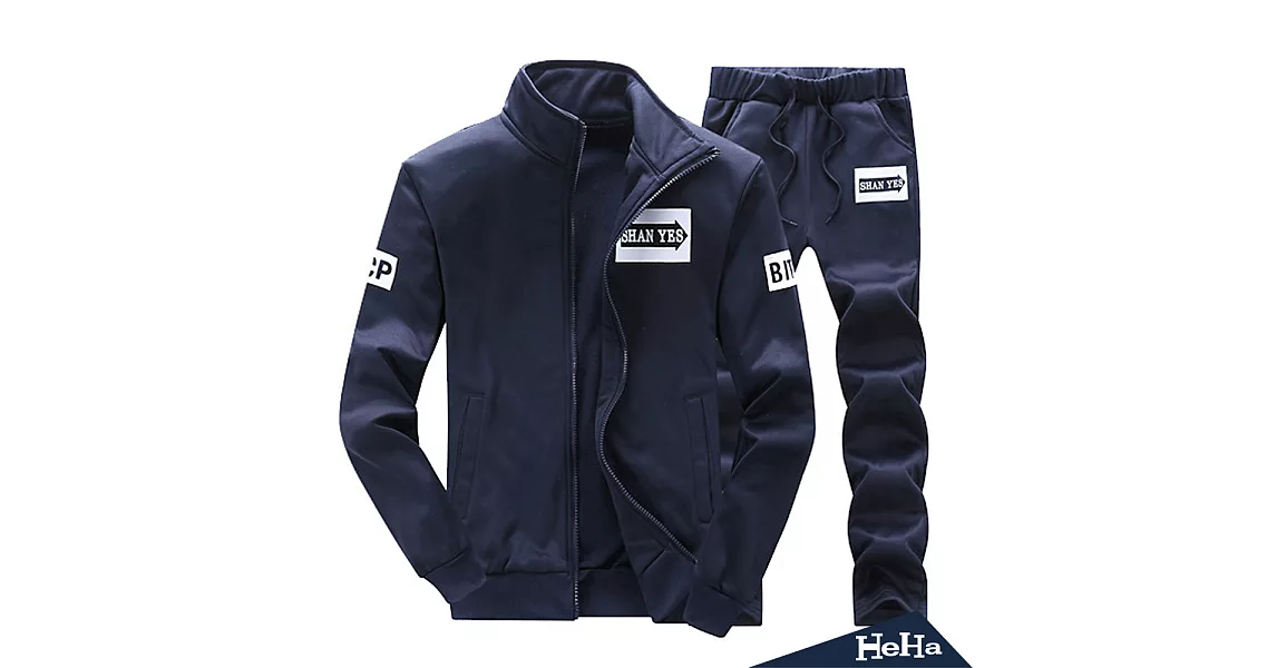 運動休閒拉鏈兩件式套裝 三色-HeHa-4XL(深藍色)