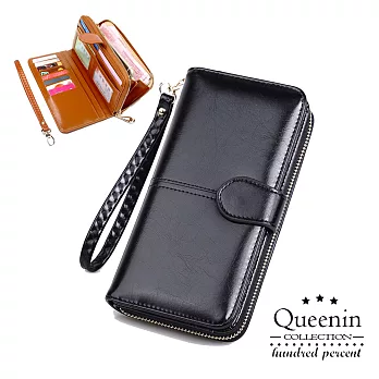 DF Queenin皮夾 - 熱銷皮質感多功能手機包長夾-共4色黑色