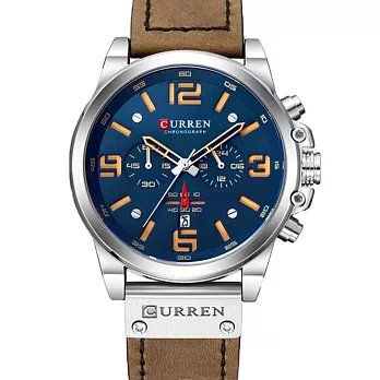 CURREN卡瑞恩 8314 時尚工業風鏤空數字特色真三眼紳士皮帶錶- 棕帶藍面