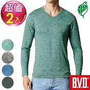 BVD 再生彩紋輕暖絨V領長袖衫(四色可選)-2入組M彩藍紋