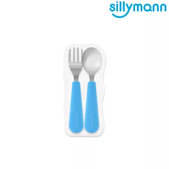 【韓國sillymann】100%鉑金矽膠不鏽鋼幼童湯匙叉子餐具組湖水藍
