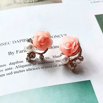 【Ada】 歐美流行款古典巴洛克溫柔玫瑰鑲水鑽造型耳針 耳環 垂墜耳環 珍珠耳環-粉紅色