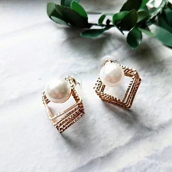 【Ada】 歐美流行款巴洛克貴婦風超立體3D黃金方塊珍珠造型耳針 耳環 貼耳耳環 珍珠耳環
