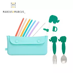 【MARCUS&MARCUS】兒童餐具收納組(叉匙+筷子+收納袋+吸管) 6色可選_ 大象(綠)