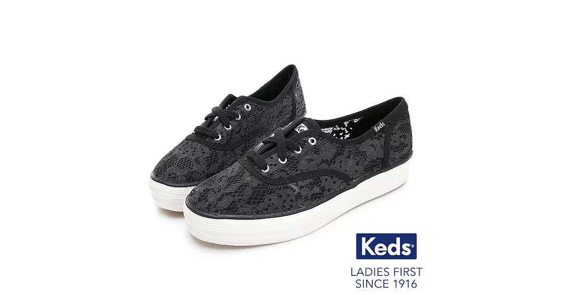 【Keds】TRIPLE 蕾絲緹花厚底綁帶帆布鞋US8.5黑色
