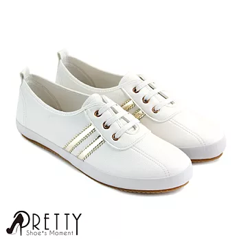 【Pretty】女 休閒鞋 小白鞋 雙線條 假鞋帶 台灣製 JP23.5 金色