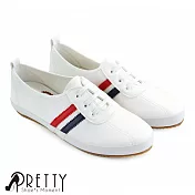 【Pretty】女 休閒鞋 小白鞋 雙線條 假鞋帶 台灣製 JP25 白藍色