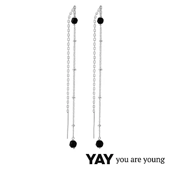 YAY You Are Young Stella 黑曜石耳環 不對稱拉線設計 銀色X黑色