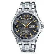 【CASIO】六芒星璀璨閃耀精緻不鏽鋼紳士錶-黑X金(MTP-E120DY-1A)