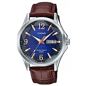 【CASIO】六芒星璀璨閃耀精緻皮帶紳士錶-藍X玫瑰金X酒紅錶帶(MTP-E120LY-2A)