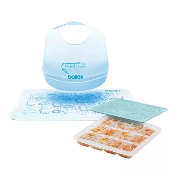 2angels 矽膠副食品製冰盒+BAILEY矽膠圍兜餐墊禮盒(2色可選)(台灣製) 藍色