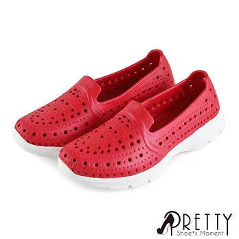 【Pretty】女 洞洞鞋 雨鞋 休閒鞋 便鞋 透氣 孔洞 輕量 防水 平底 台灣製 EU36 紅色
