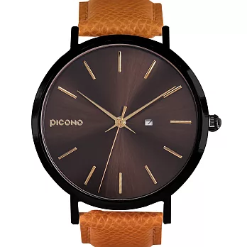 【PICONO】Cosmos 系列棕色金屬質感真皮錶帶手錶 / CO-9301