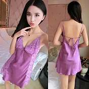 【Secret Lover】仿真絲花邊蕾絲鏤空綁帶性感吊帶睡裙(共三色) SL1601紫色