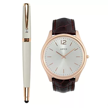 ARTEX 雅致觸控鋼珠筆玫瑰金白+5605真皮手錶-褐/玫瑰金43mm