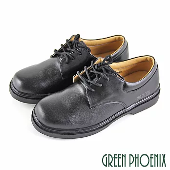 【GREEN PHOENIX】女 學生鞋 綁帶 全真皮 平底 台灣製 EU36 黑色