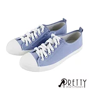 【Pretty】女 帆布鞋 休閒鞋 奶油頭 綁帶 側拉鍊 平底 台灣製 JP25.5 藍色