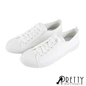 【Pretty】女 帆布鞋 休閒鞋 奶油頭 綁帶 側拉鍊 平底 台灣製 JP23.5 白色