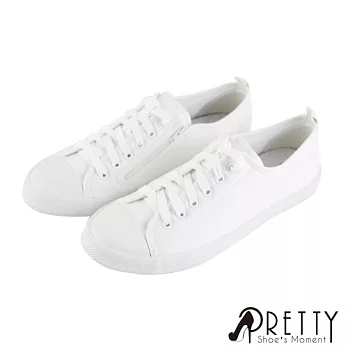 【Pretty】女 帆布鞋 休閒鞋 奶油頭 綁帶 側拉鍊 平底 台灣製 JP25.5 白色
