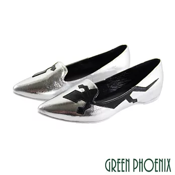 【GREEN PHOENIX】女 娃娃鞋 國際精品 童趣 蜥蜴 義大利小牛皮 尖頭 平底 EU35.5 銀色