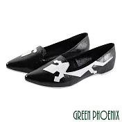 【GREEN PHOENIX】女 娃娃鞋 國際精品 童趣 蜥蜴 義大利小牛皮 尖頭 平底 EU35.5 黑色