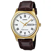 【CASIO】經典金英倫復古指針紳士皮帶錶-羅馬白面(MTP-V006GL-7B)