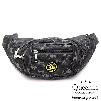 DF Queenin流行 - 戶外休閒運動防潑水迷彩尼龍斜跨胸包腰包-共4色迷彩黑