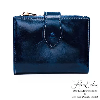 DF Flor Eden - 復古質感油蠟真皮折疊式短夾-共4色藍色