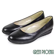 【GREEN PHOENIX】女 平底鞋 便鞋 寬楦 全真皮 小坡跟 OL通勤 上班 面試 台灣製 JP22 黑色
