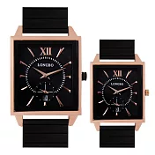 LONGBO龍波 80492 時尚方形小秒設計對錶手錶 - 黑玫 大