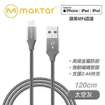 Maktar【蘋果認證】Lightning to USB-A 強韌編織充電/傳輸線 太空灰