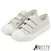 【Pretty】女 帆布鞋 休閒鞋 奶油頭 沾黏式 平底 台灣製 JP25.5 米色