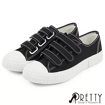 【Pretty】女 帆布鞋 休閒鞋 奶油頭 沾黏式 平底 台灣製 JP25.5 黑色