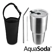 美國AquaSoda 304不鏽鋼陶瓷雙層保溫保冰杯900ml(含提袋組)-神祕黑色