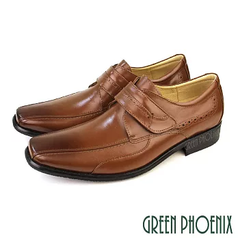 【GREEN PHOENIX】男 紳士皮鞋 商務皮鞋 方頭 渲染 雷射雕花 沾黏式 全真皮 台灣製 EU41 棕色
