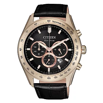 CITIZEN 光動能撼動世界計時三眼腕錶-黑X玫瑰金