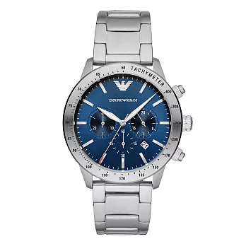 EMPORIO ARMANI 紳士時尚三眼腕錶-銀X藍