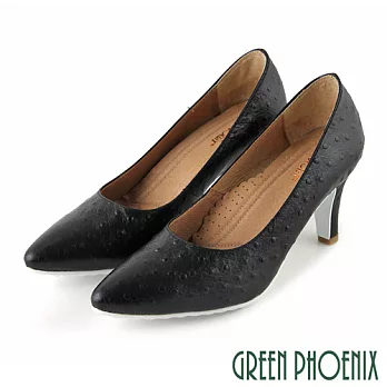 【GREEN PHOENIX】女 高跟鞋 皮革壓花 全真皮 尖頭 台灣製 EU35 黑色