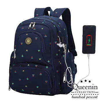 DF Queenin日韓 - 熱銷推薦款升級USB大容量多口袋後背包媽咪包-共4色深藍小花
