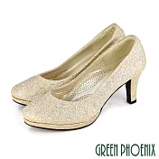 【GREEN PHOENIX】女 高跟鞋 婚鞋 宴會鞋 金蔥 水鑽 全真皮 防水台 台灣製 JP22 金色