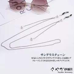 【Sayaka紗彌佳】歐美時尚珍珠垂墜太陽眼鏡鏤空金屬鍊防滑鍊 ─白金+白珍珠