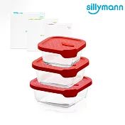 【韓國sillymann】 正方型三件組-100%鉑金矽膠微波烤箱輕量玻璃保鮮盒組紅三件組