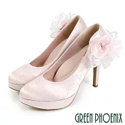 【GREEN PHOENIX】女 高跟鞋 婚鞋 宴會鞋 蕾絲 花 可拆式 全真皮 防水台 台灣製 JP23 粉紅色