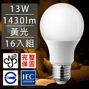 歐洲百年品牌台灣CNS認證LED廣角燈泡E27/13W/1430流明/黃光 16入