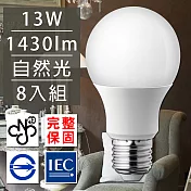 歐洲百年品牌台灣CNS認證LED廣角燈泡E27/13W/1430流明/自然光 8入