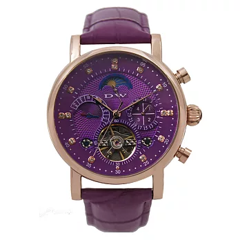 日本DW 888機械款 日月星辰鏤空設計機械皮帶錶- 紫色