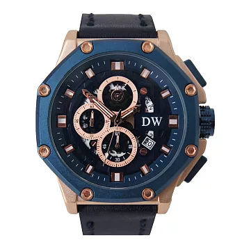 日本DW D3209 八角切割真三眼計時皮帶錶- 藍玫